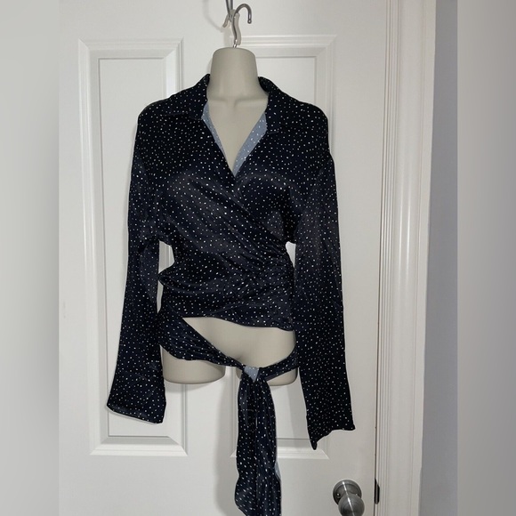 NWT ZARA Black White Polka Dot Satin Tie Front Bow Detail Blouse - Picture 3 of 4